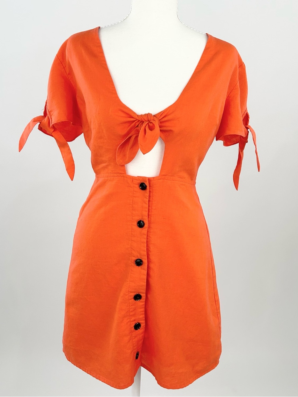 Lost + Wander Papaya Mini Dress XS Coral Orange Tie Front Cutout Linen